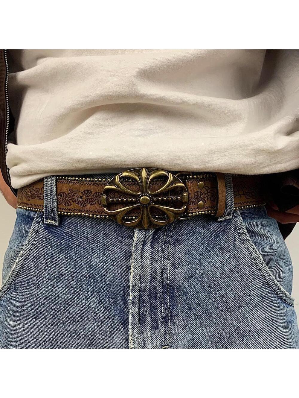 Western floral gold beaded boho brown belt. 38.5 inches length. 1.5 inch width. - Picture 2 of 8